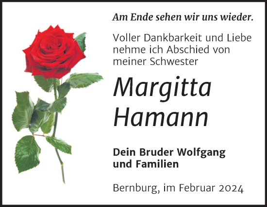 Traueranzeige von Margitta Hamann von Trauerkombi Bernburg