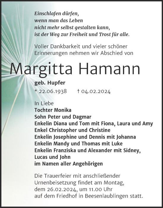 Traueranzeige von Margitta Hamann von Trauerkombi Bernburg
