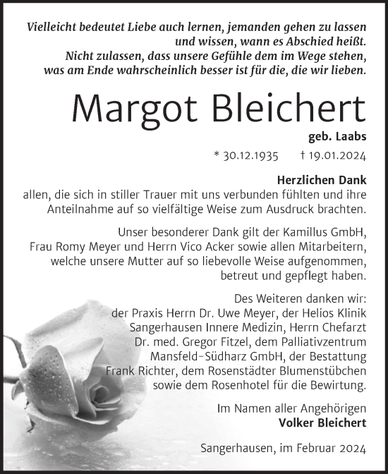 Traueranzeige von Margot Bleichert von Trauerkombi Sangerhausen
