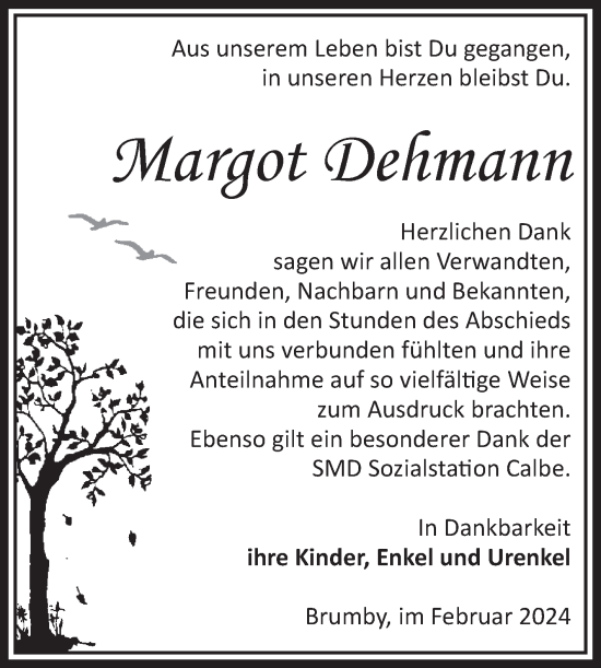 Traueranzeige von Margot Dehmann von Volksstimme Schönebeck