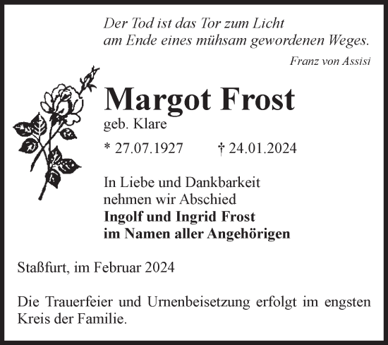 Traueranzeige von Margot Frost von Volksstimme Staßfurt