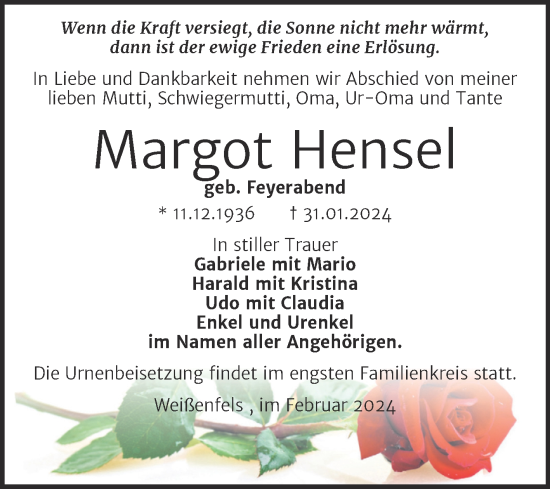 Traueranzeige von Margot Hensel von Trauerkombi Weißenfels