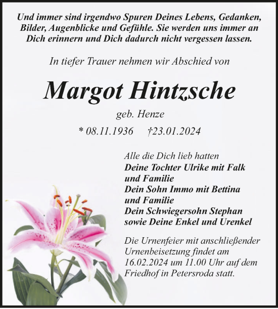 Traueranzeige von Margot Hintzsche von Mitteldeutsche Zeitung Bitterfeld