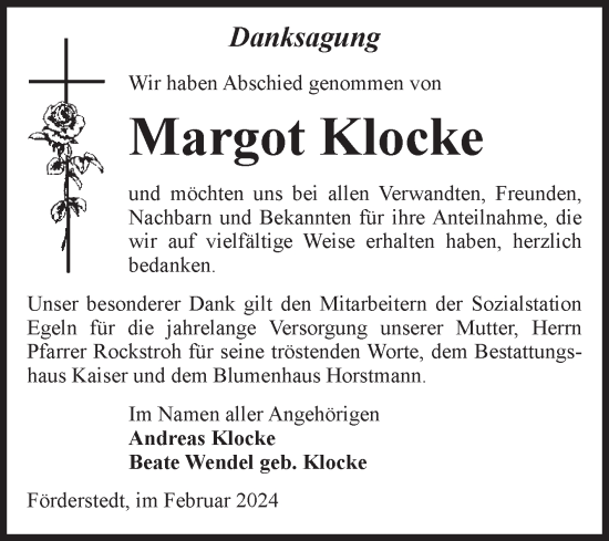 Traueranzeige von Margot Klocke von Volksstimme Staßfurt