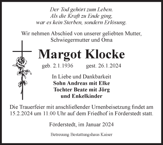 Traueranzeige von Margot Klocke von Volksstimme Staßfurt