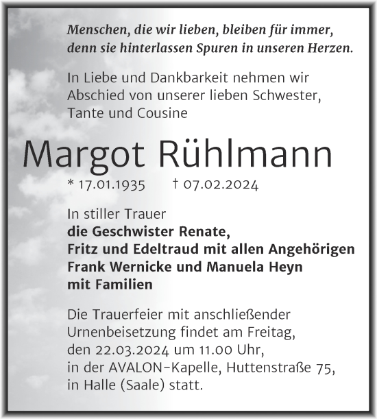 Traueranzeige von Margot Rühlmann von Mitteldeutsche Zeitung Halle/Saalkreis