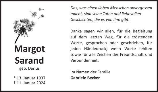 Traueranzeige von Margot Sarand von Volksstimme Altmark West