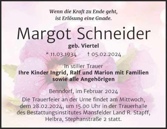 Traueranzeige von Margot Schneider von Mitteldeutsche Zeitung Mansfelder Land