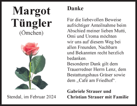 Traueranzeige von Margot Tüngler von Volksstimme Altmark Ost