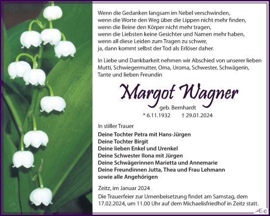 Traueranzeige von Margot Wagner von Trauerkombi Zeitz