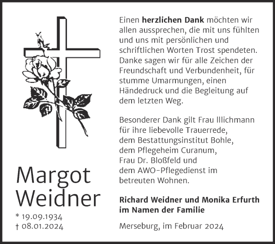 Traueranzeige von Margot Weidner von Trauerkombi Merseburg