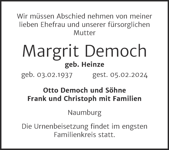 Traueranzeige von Margrit Democh von Naumburger Tageblatt