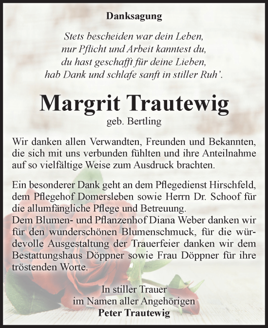 Traueranzeige von Margrit Trautewig von Volksstimme Oschersleben/Wanzleben