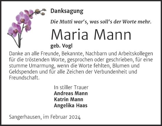 Traueranzeige von Maria Mann von Super Sonntag Sangerhausen