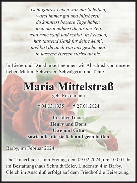 Traueranzeige von Maria Mittelstraß von Volksstimme Schönebeck