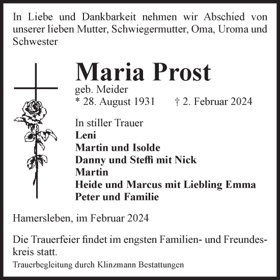 Traueranzeige von Maria Prost 