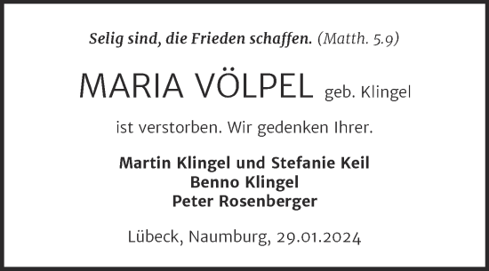 Traueranzeige von Maria Völpel von Naumburger Tageblatt