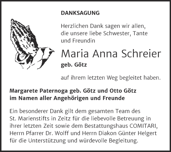 Traueranzeige von Maria Anna Schreier von Trauerkombi Zeitz