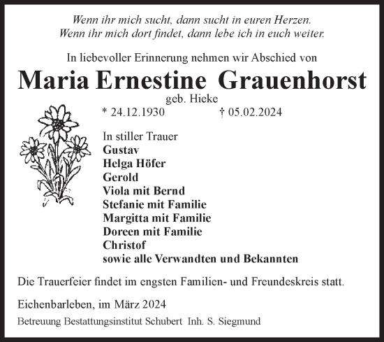 Traueranzeige von Maria Ernestine Grauenhorst von Volksstimme Altmark West
