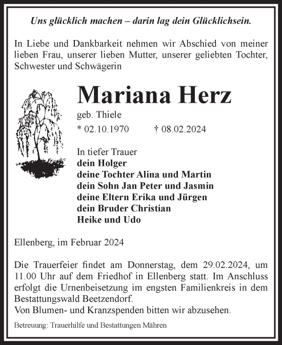 Traueranzeige von Mariana Herz von Volksstimme Altmark West