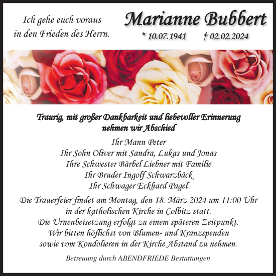 Traueranzeige von Marianne Bubbert von Volksstimme Haldensleben/Wolmirstedt