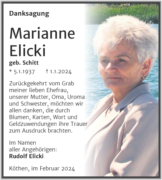 Traueranzeige von Marianne Elicki von Trauerkombi Köthen