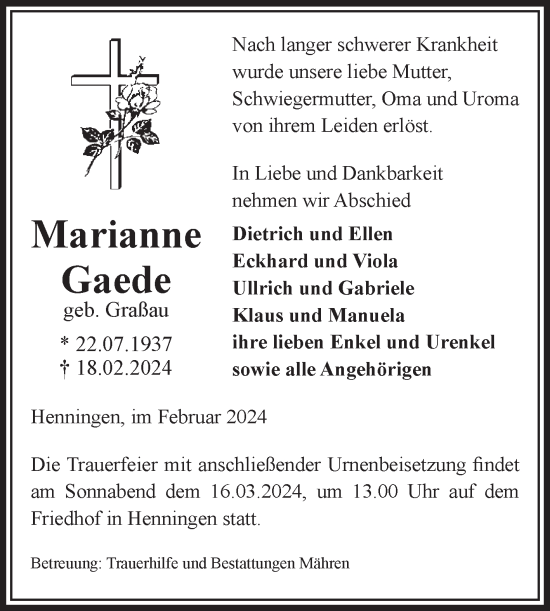 Traueranzeige von Marianne Gaede von Volksstimme Altmark West