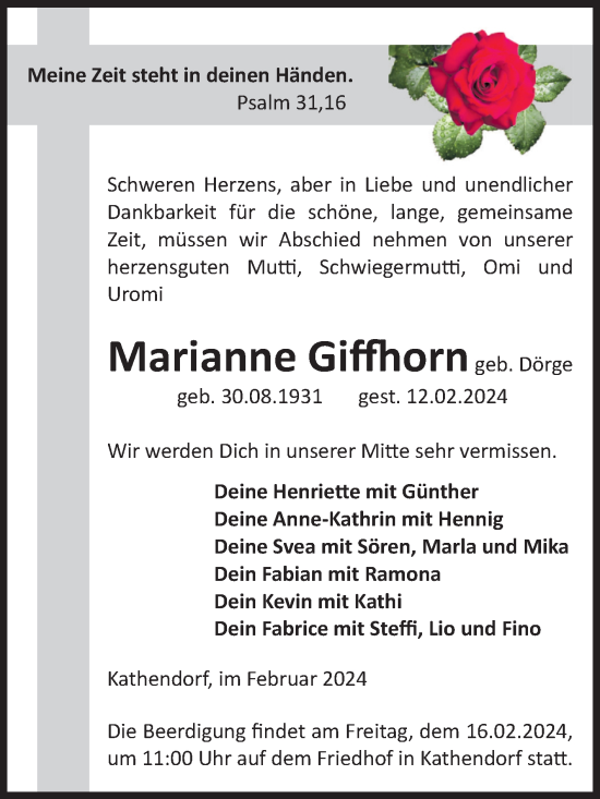Traueranzeige von Marianne Giffhorn von Volksstimme Haldensleben/Wolmirstedt