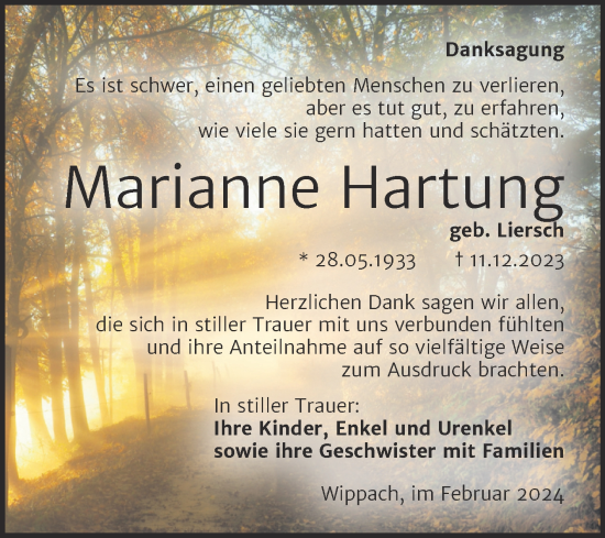 Traueranzeige von Marianne Hartung von Naumburger Tageblatt
