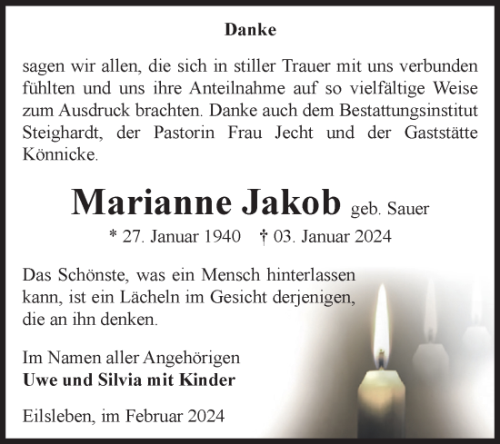 Traueranzeige von Marianne Jakob von Volksstimme Oschersleben/Wanzleben