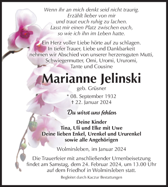Traueranzeige von Marianne Jelinski von Volksstimme Staßfurt