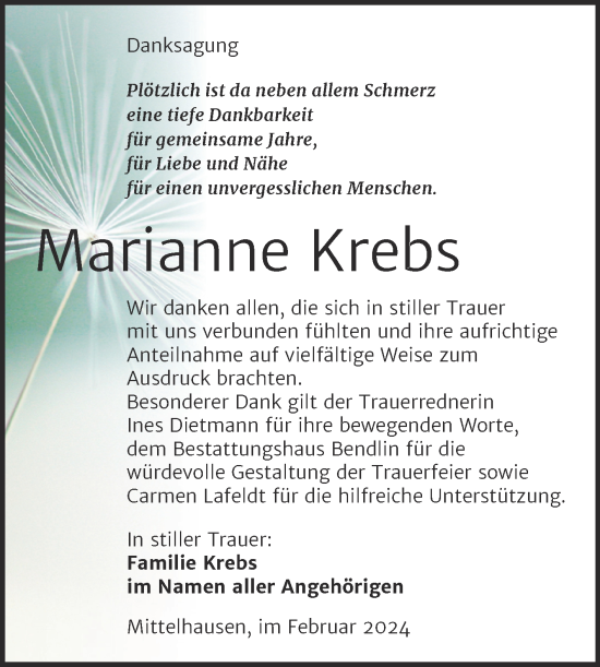Traueranzeige von Marianne Krebs von Trauerkombi Sangerhausen