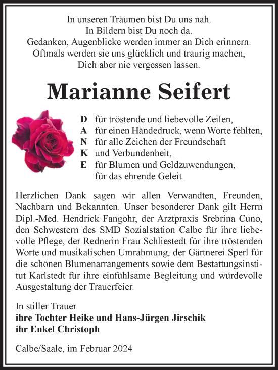 Traueranzeige von Marianne Seifert von Volksstimme Schönebeck