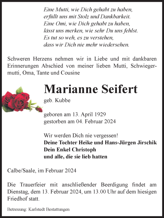 Traueranzeige von Marianne Seifert von Volksstimme Schönebeck