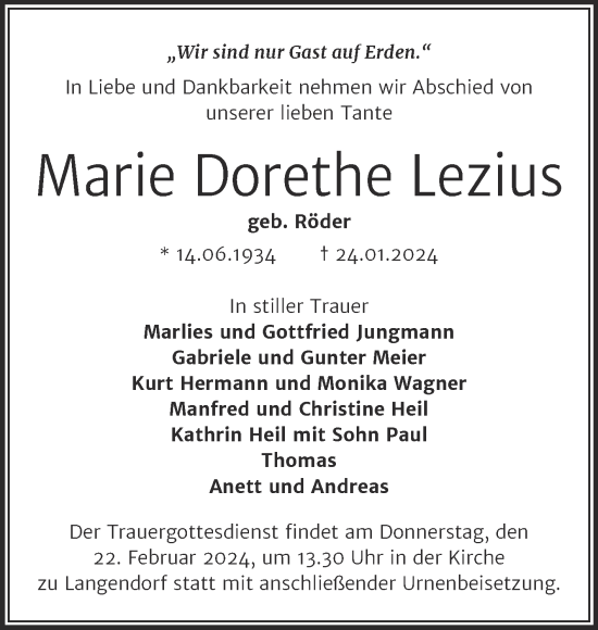 Traueranzeige von Marie Dorethe Lezius von Trauerkombi Zeitz