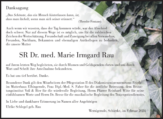 Traueranzeige von Marie Irmgard Rau von Volksstimme Wernigerode