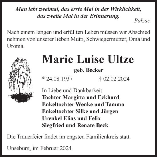 Traueranzeige von Marie Luise Ultze von Volksstimme Staßfurt