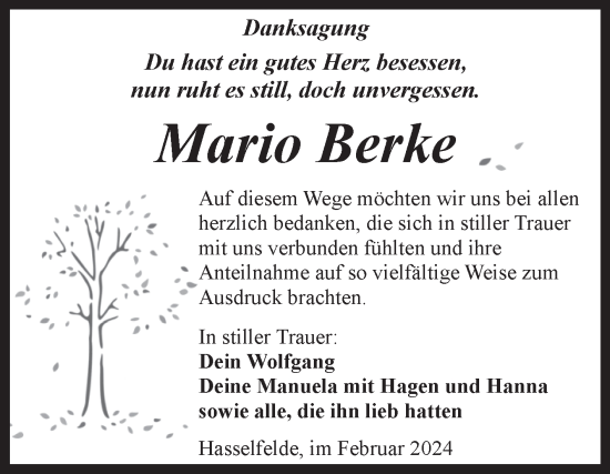 Traueranzeige von Mario Berke von Volksstimme Wernigerode