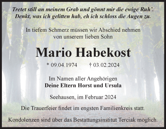 Traueranzeige von Mario Habekost von Volksstimme Oschersleben/Wanzleben