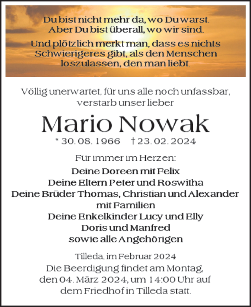  Traueranzeige für Mario Nowak vom 29.02.2024 aus Mitteldeutsche Zeitung Sangerhausen