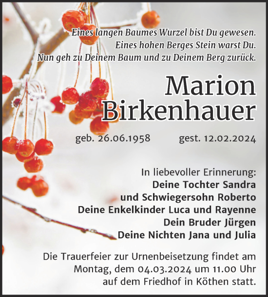 Traueranzeige von Marion Birkenhauer von Trauerkombi Köthen