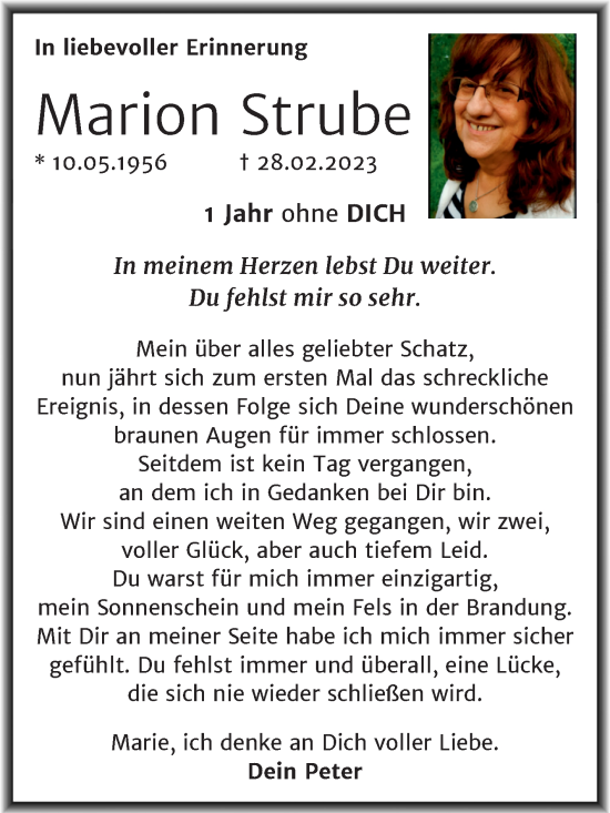 Traueranzeige von Marion Strube von Trauerkombi Aschersleben