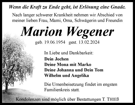 Traueranzeige von Marion Wegener von Trauerkombi Quedlinburg