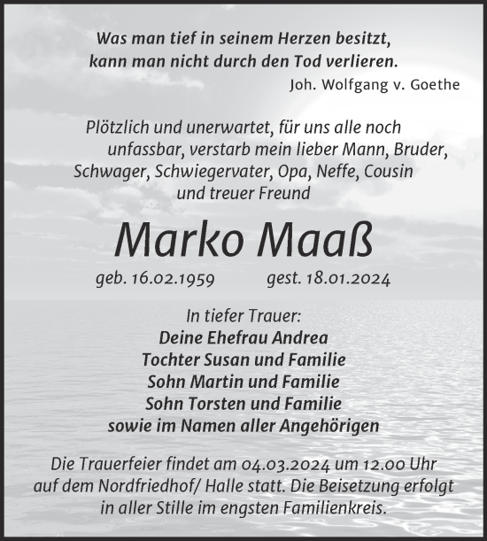 Traueranzeige von Marko Maaß von Mitteldeutsche Zeitung Halle/Saalkreis