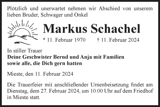 Traueranzeige von Markus Schachel von Volksstimme Altmark West