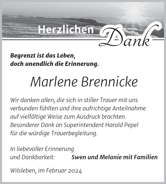 Traueranzeige von Marlene Brennicke von Trauerkombi Aschersleben