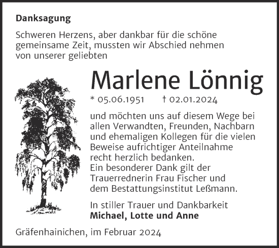 Traueranzeige von Marlene Lönnig von Trauerkombi Wittenberg