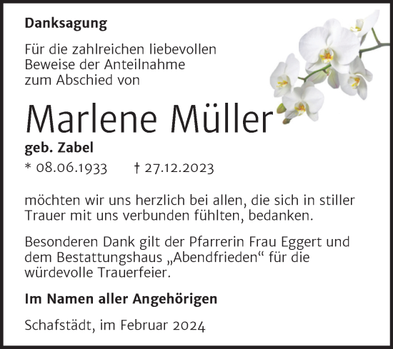 Traueranzeige von Marlene Müller von Trauerkombi Merseburg