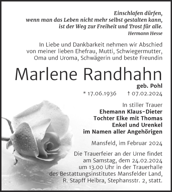 Traueranzeige von Marlene Randhahn von Trauerkombi Mansfelder Land