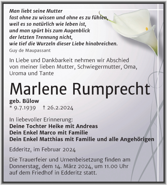 Traueranzeige von Marlene Rumprecht von Trauerkombi Köthen